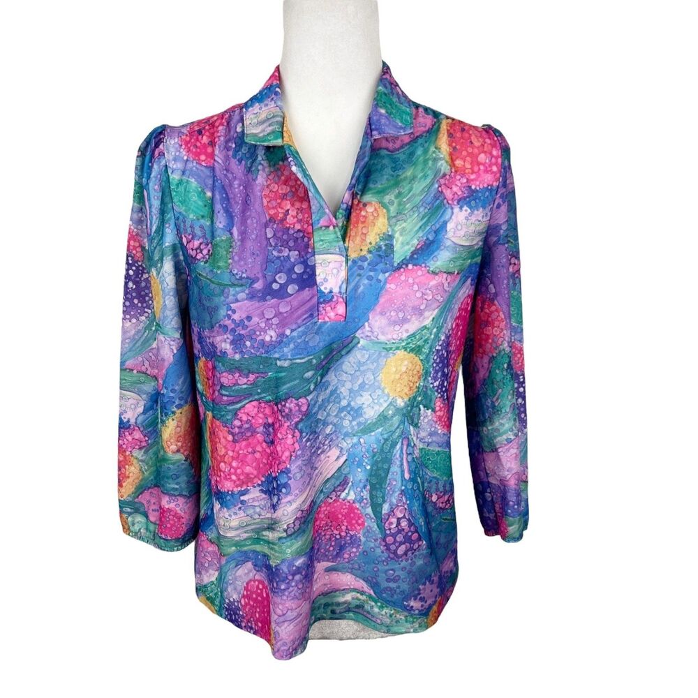 Vintage Devon 70s Blouse Women Medium Neon Purple Green 3/4 Sleeve Union Made